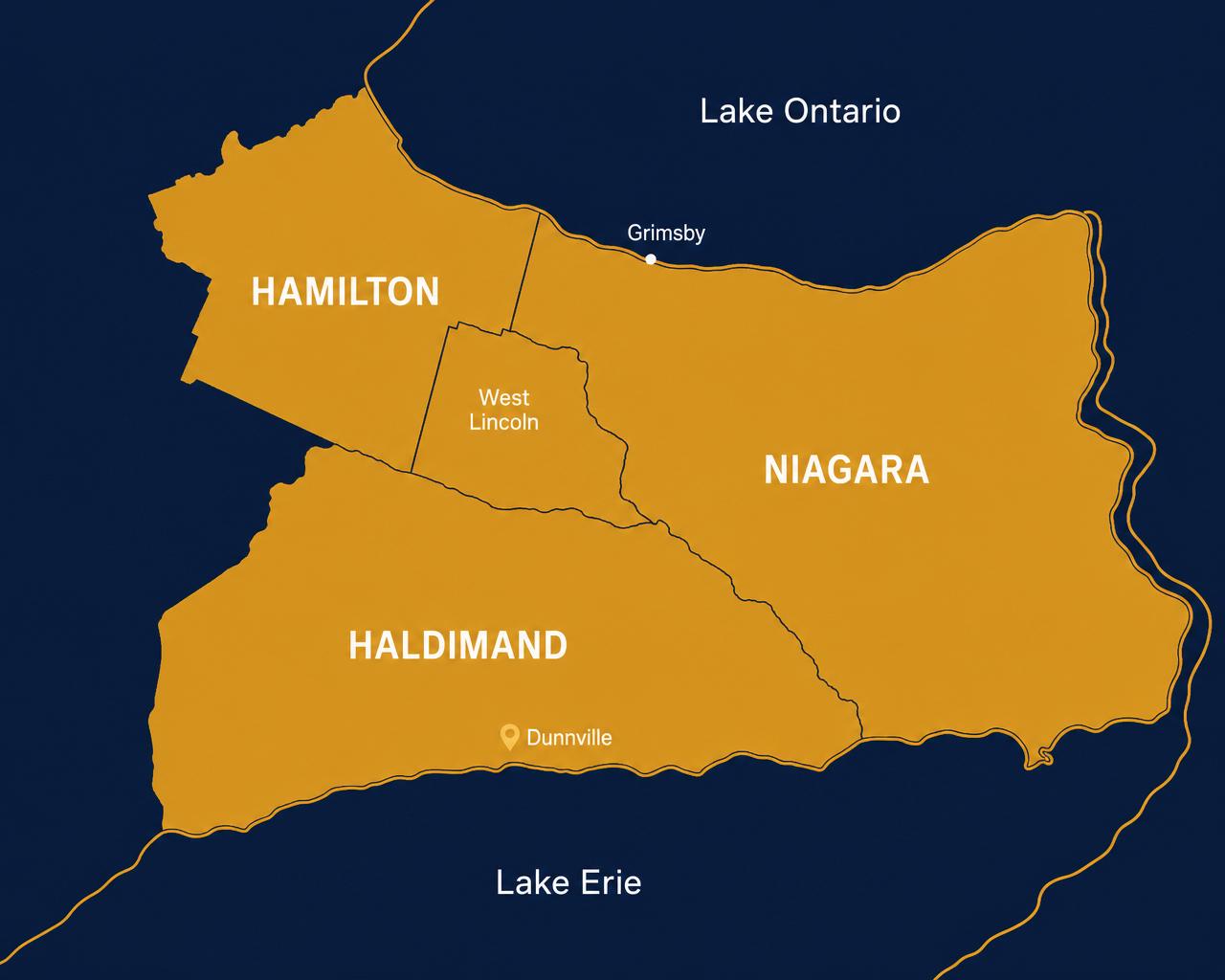 Coverage map highlighting Haldimand, Hamilton, and Niagara regions of southern Ontario